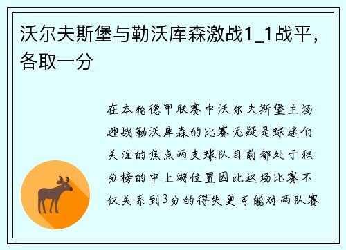 沃尔夫斯堡与勒沃库森激战1_1战平，各取一分